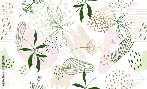 Seamless exotic pattern with tropical plants and gold elements. Vector