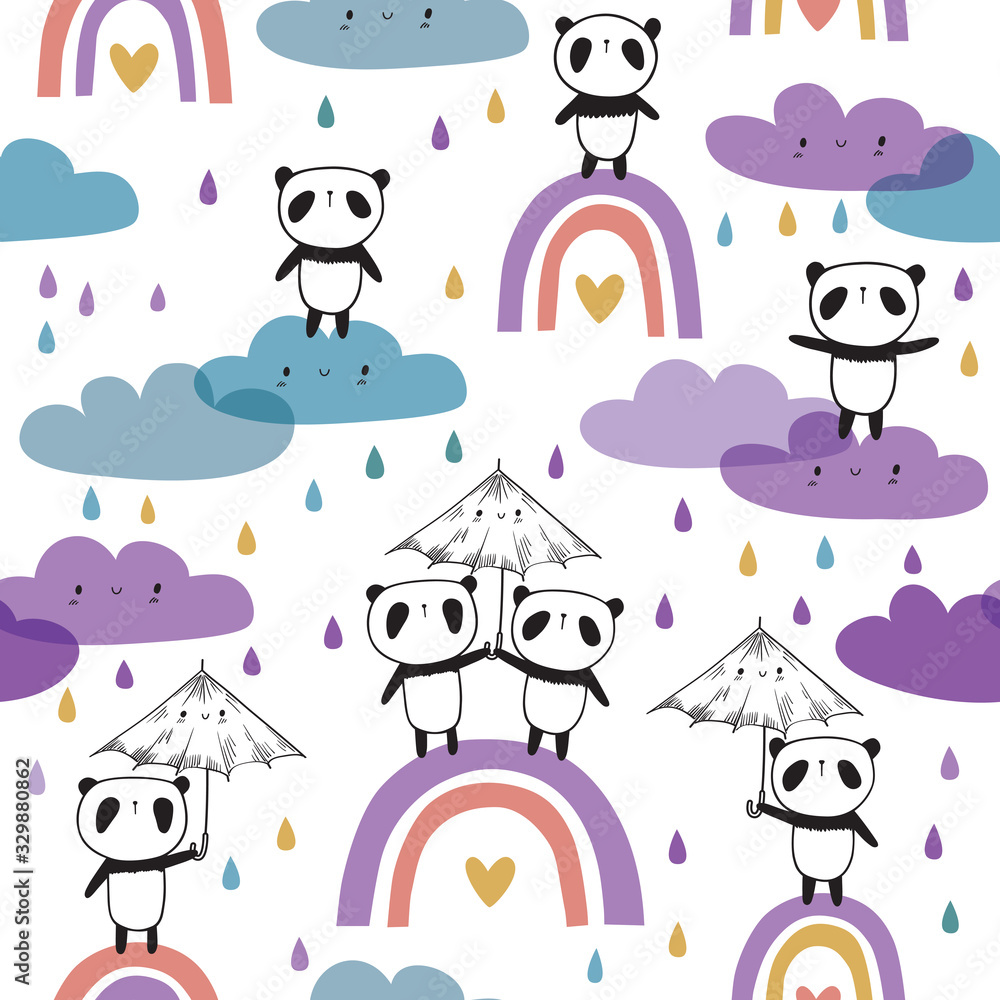 Cool seamless pattern with hand drawn cute pandas with umbrellas and funny clouds. Baby design for kids apparel, nursery wall art, kids textile, wallpapers, gift wrap and scrapbook. Vector. Cool seamless pattern with hand drawn cute pandas with umbrellas and funny clouds. Baby design for kids apparel, nursery wall art, kids textile, wallpapers, gift wrap and scrapbook. Vector.