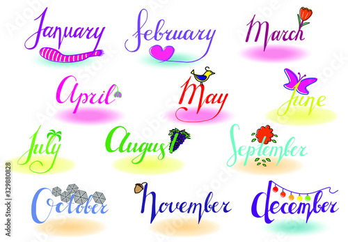 Lettering: 12 months of the year of association: January, February, March, April, May, June, July, August, September, October, November, December. Vector illustration, design for posters, calendars