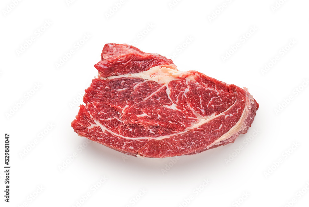 Raw frozen beef meat on a white background.