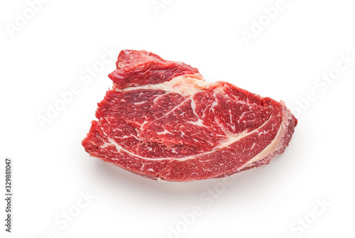 Raw frozen beef meat on a white background.