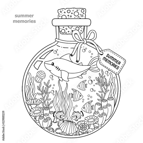 Vector Coloring book for adults. A glass vessel with memories of summer. A bottle with sea creatures - a shark, tropical fish, nemo fish, jellyfish, corals and seashells.