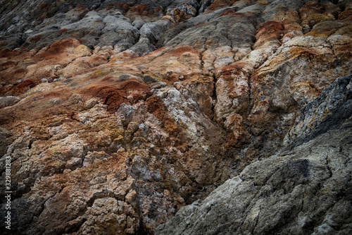Misty mountains volcano valley ridges rock stone formation plates smoke geyser steam hill
