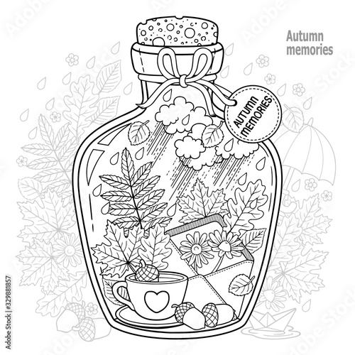 Vector Coloring book for adults. A glass vessel with memories of autumn and love. A bottle with rain, autumn leaves, a cup of coffee or tea, an envelope with flowers and sad mood