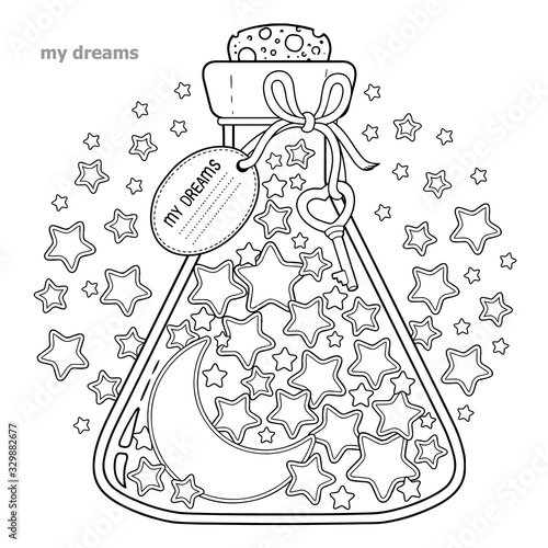 Vector Coloring book for adults. A glass vessel with dreams. A bottle with stars and moon