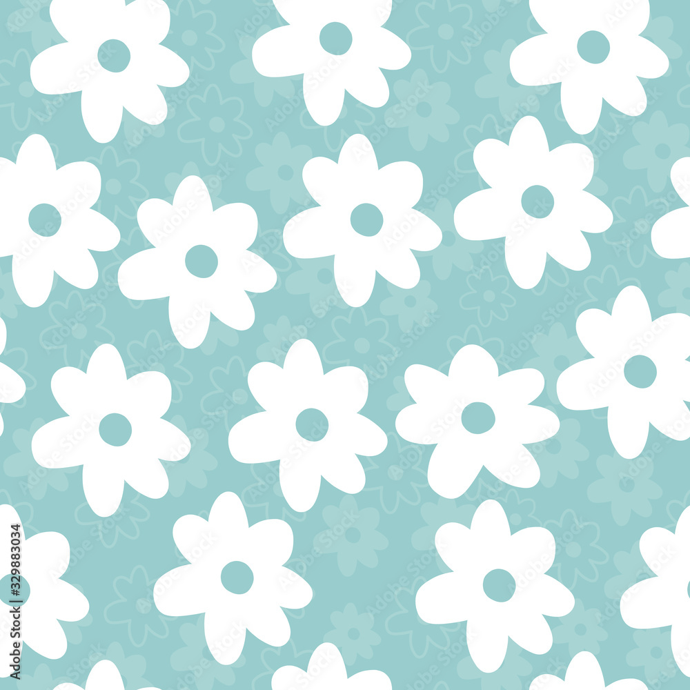Pretty Vector Repeat Daisy Wildflower Pattern with blue background. Seamless floral pattern. White Daisy. Stylish repeating texture. Pretty Vector Repeat Daisy Wildflower Pattern with blue background. Seamless floral pattern. White Daisy. Stylish repeating texture.