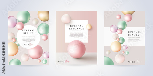 Beauty, skin care, cosmetics poster or cover set in modern minimalist style with pearl spheres of pastel shades. Concept for the beauty industry. Trendy design for sale, advertisement, fashion ads