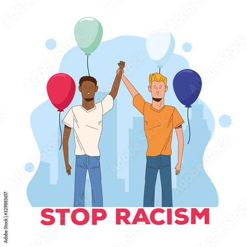 couple of interracial men stop racism campaign
