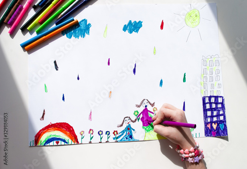 happy mother's day. children's Day. Children's drawing for mom. colored pencils and felt-tip pens. bright beautiful background