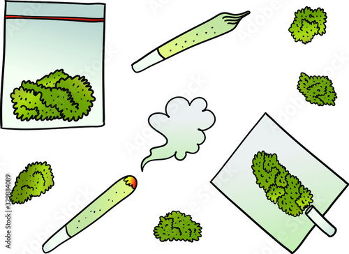 Vector cartoon marijuana set isolated on white background. Joint, spliff, plastic bag, cannabis buds, rolling paper. Smoking weed objects.
