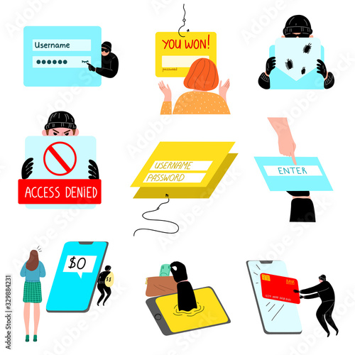 Set of hacking the internet social network concept. Vector illustration in flat cartoon style.
