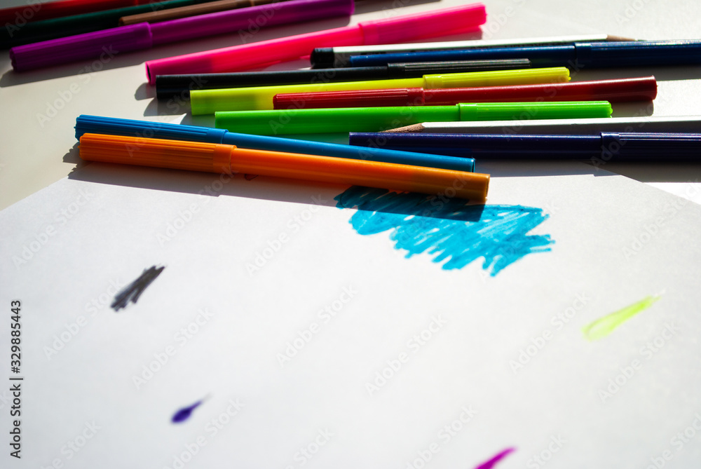 Fototapeta premium children's Day. children's drawing. colored pencils and felt-tip pens. bright beautiful background