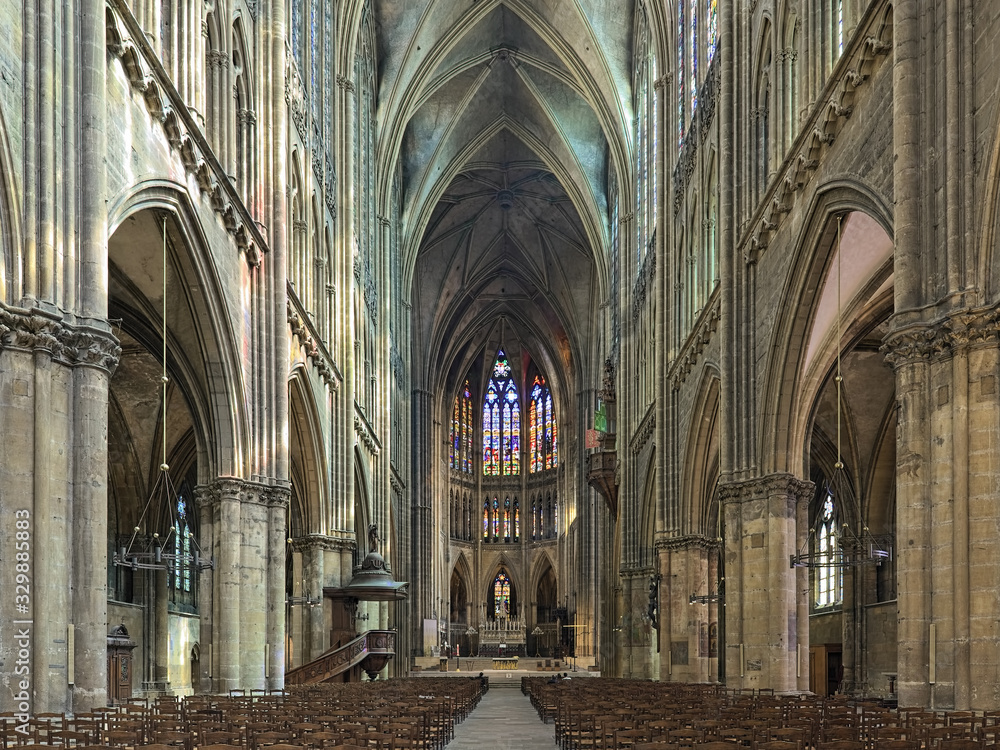Interior of Cathedral of Saint Stephen of Metz, France. The present Gothic building was built in 1220-1550 and consecrated on April 11, 1552. The cathedral has one of the highest naves in the world.