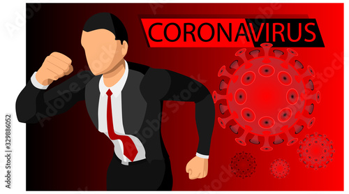 Coronavirus banner for awareness & alert to the spread of disease, symptoms or preventive measures. Corona virus design with people running and background microscopic view of the virus. evacuation.