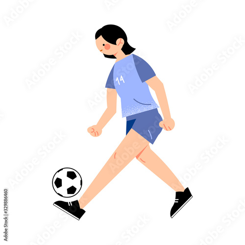 Female soccer player in the blue t-shirt hits the ball. Vector illustration in flat cartoon style.