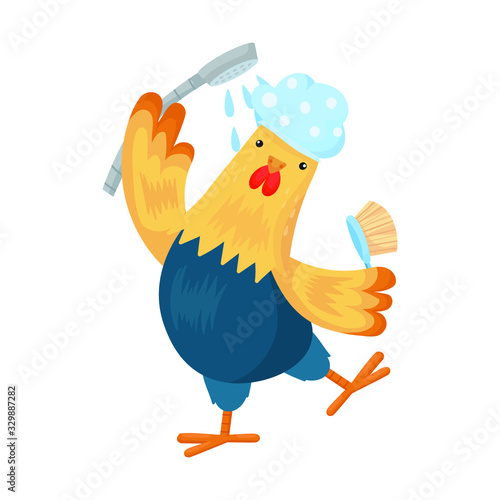 Cute Cartoon character rooster or chicken with shower. Vector illustration isolated on white background for graphic design