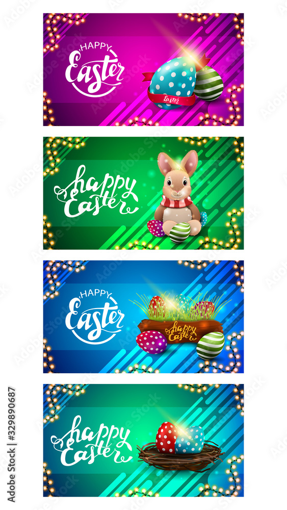 Happy Easter, collection colorful horizontal postcards with Easter icons, lettering and frame of garland. Easter horizontal postcards with liquid abstract shapes on background