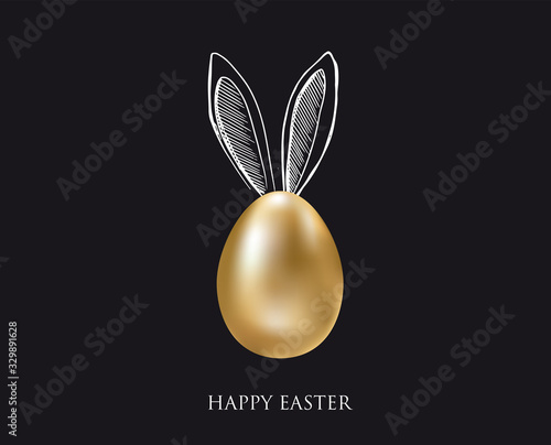 Happy Easter. Rabbits's ears. Gold eggs. Hand drawn illustration.