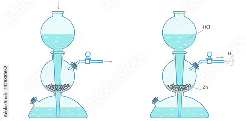Vector illustration of Kipp apparatus for gas generation. Flat diagram of hydrogen production from hydrochloric acid and zinc. Chemistry infographics.