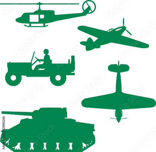 Military army vehicles jeep tank airplane helicopter vector silhouette isolated set