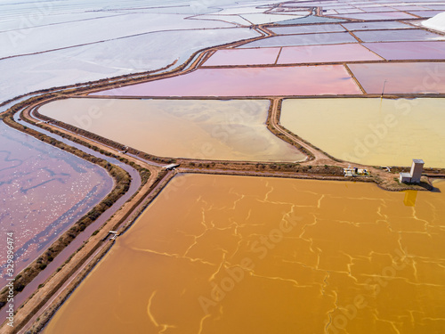 Aerial view over beautiful salt field in Conti Vecchi Italy 