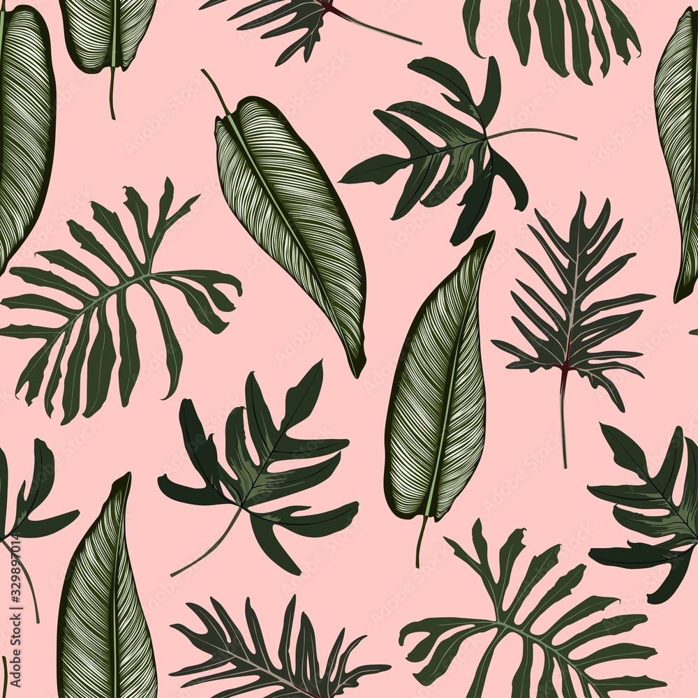 Fototapeta Abstract seamless tropical pattern with bright colorful leaves and plants on coral background. Seamless exotic pattern with tropical plants. Exotic wallpaper. Trendy summer Hawaii print.