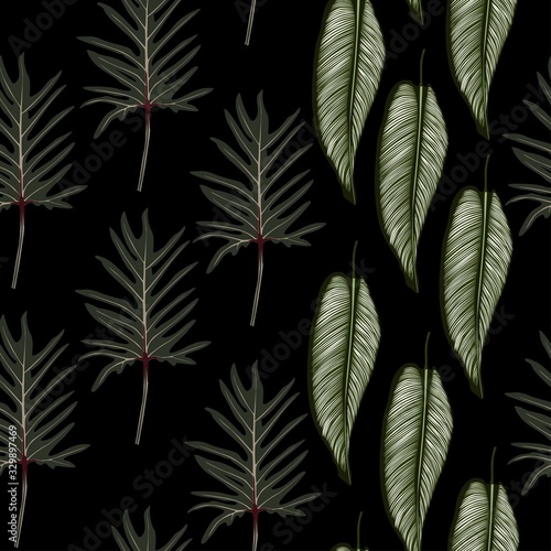 Abstract seamless tropical pattern with bright colorful leaves on black background. Seamless exotic pattern with tropical plants. Exotic wallpaper. Trendy summer Hawaii print.