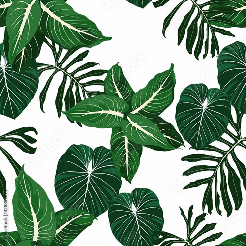 Tropical jungle plants, exotic leaves on white background. Beach seamless pattern.