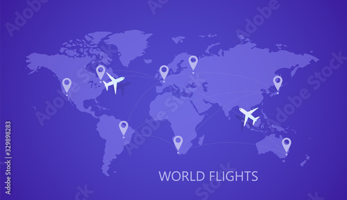 World map with big cities airports and couple of planes during their transcontinental flights