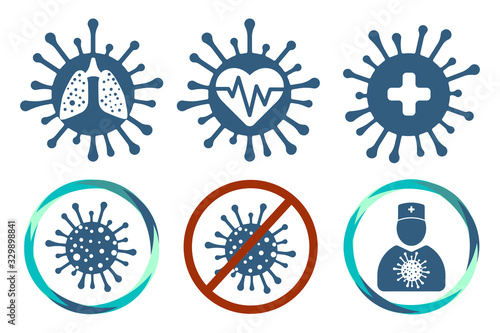 Coronavirus flat icon set. Doctor, lungs, heart, infected 2019-ncov positive isolation and treatment. Stop covid-2019 and covid-2020
