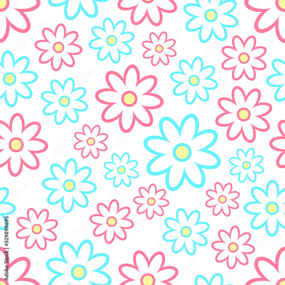 Beautiful blue and red daisy flowers isolated on white background. Seamless pattern. Vector graphic illustration. Texture.