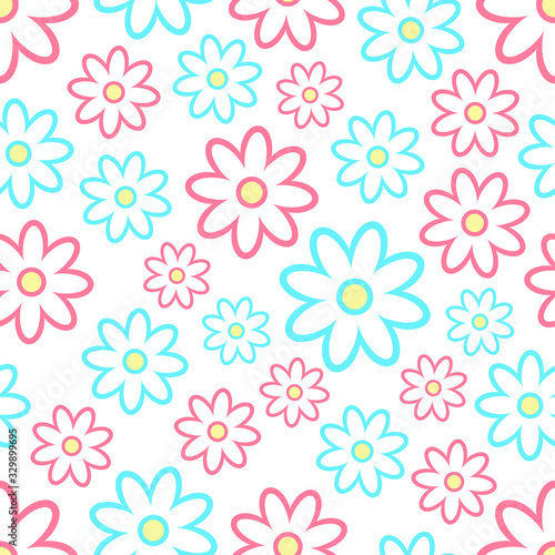 Beautiful blue and red daisy flowers isolated on white background. Seamless pattern. Vector graphic illustration. Texture.