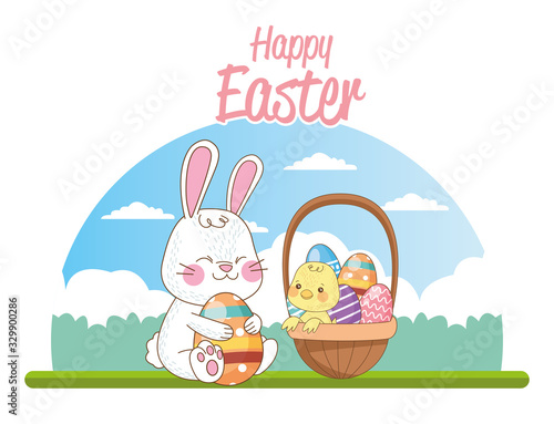 happy easter seasonal card with chick and rabbit in basket