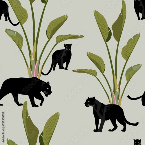 Seamless pattern with African panther animal and banana palm tree. Creative tropical texture for fabric, wrapping, textile, wallpaper, apparel. Vintage illustration background.
