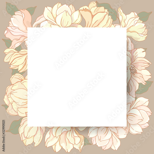 White, rectangular frame on a background of gently pink magnolia flowers. Design element for banners, cards, flyers.