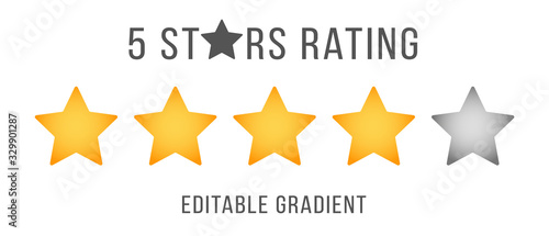 Five stars business service quality review template vector illustration. 5 gold and gray flat star for customer rate design of the online feedback. Gold stars rate concept. Editable gradient EPS10