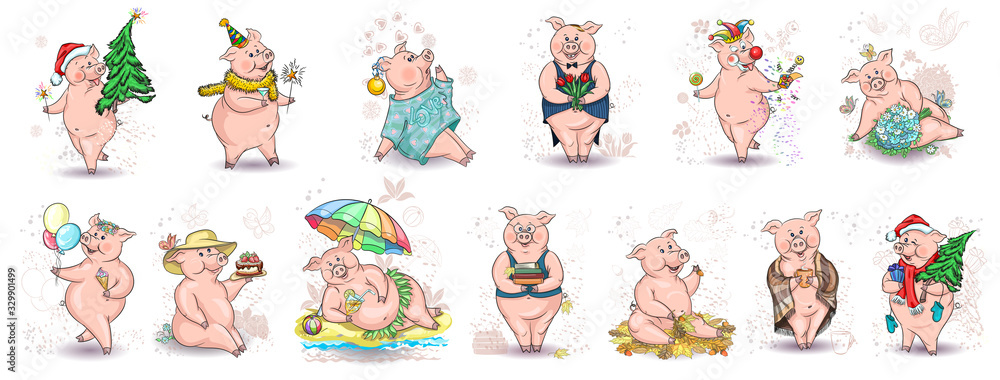 A set of cute piglets in different compositions. A variety of emotions. Drawings of characters for the calendar, dishes , clothes. Vector graphics.