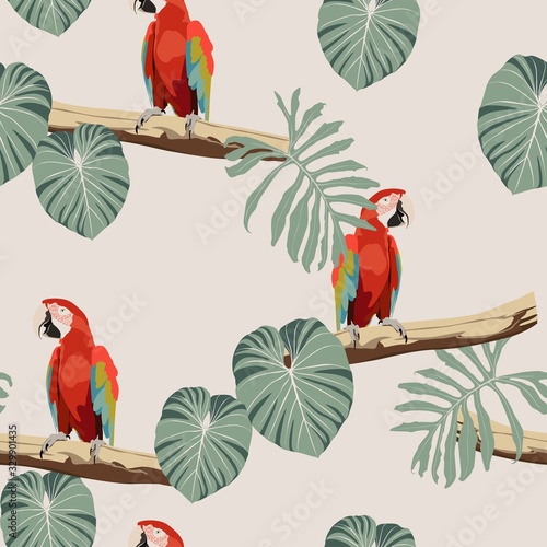 Beautiful seamless floral summer pattern background with parrot, palm leaves. Perfect for wallpapers, web page backdrop, surface textures, textile.