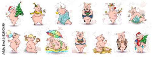 A set of cute piglets in different compositions. A variety of emotions. Drawings of characters for the calendar, dishes , clothes. Vector graphics.