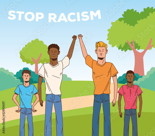 group of interracial men stop racism campaign