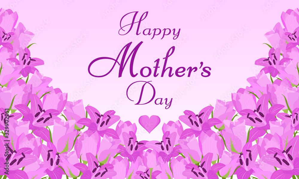 Vector illustration, postcard, banner. Happy Mother's Day. Background in pink shades, with flowers: rose, lily, tulip. Lettering. Place for text.