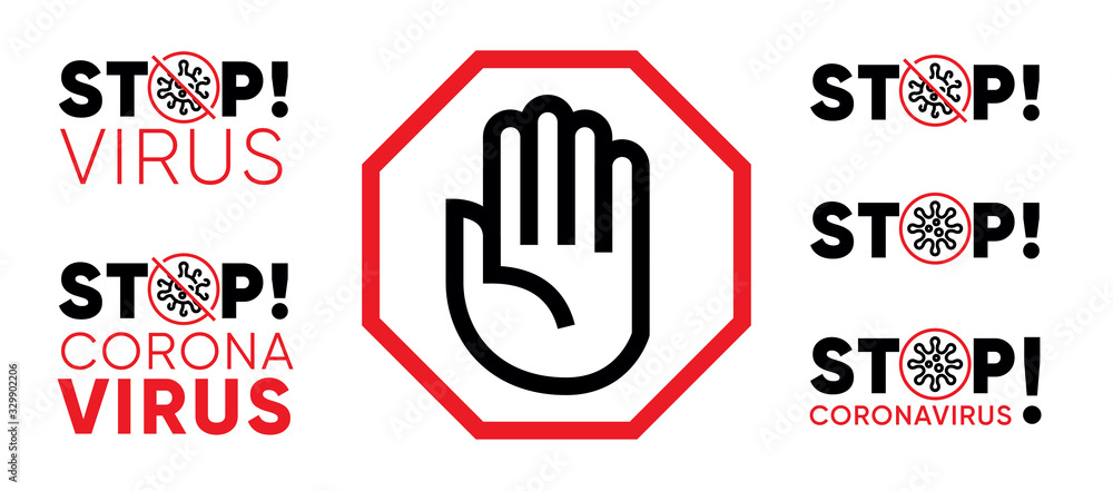 Stop Virus Pandemic Coronavirus Poster. Stop Palm Icon. Novel Coronavirus Bacteria. For Quarantine and Protective Logo. Red Vector illustration with Editable Line Icon - obrazy, fototapety, plakaty 