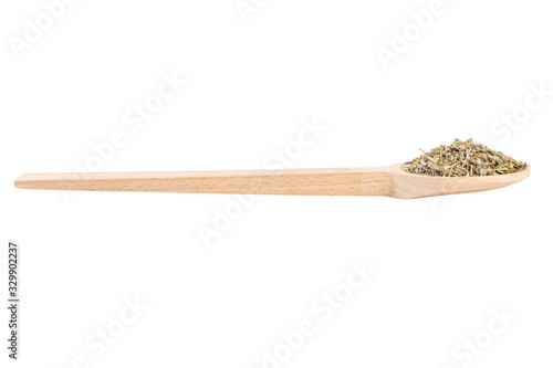 wormwood herb or in latin Absinthii herba herb in wooden spoon isolated on white background. medicinal healing herbs. herbal medicine. alternative medicine