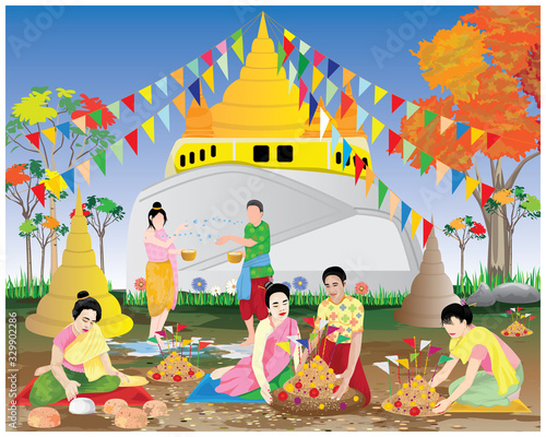 people make sand pagoda in temple vector design
