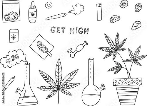 Marijuana black and white vector doodle set, big collection of cartoon design of medical cannabis or smoking weed objects isolated on the white background. Cannabis collection.