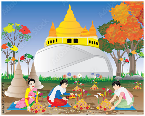 people make sand pagoda in temple vector design