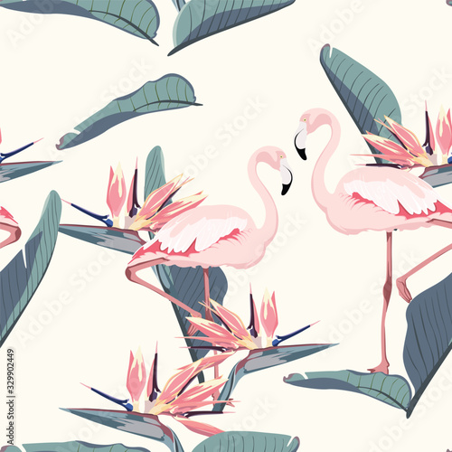 Pink flamingo, strelitzia leaves and flowers, light yellow background. Floral seamless pattern. Tropical illustration. Exotic plants, birds. Summer beach design. Paradise nature.