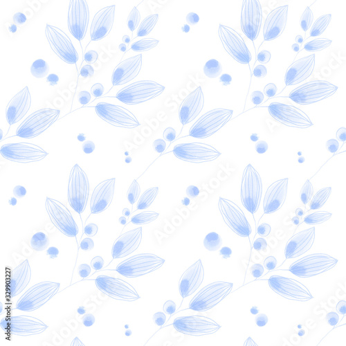 Delicate twigs watercolor digital art seamless pattern on white background. Print for cards, invitations, weddings, banners, posters, fabrics, wrapping paper, packages, web design.