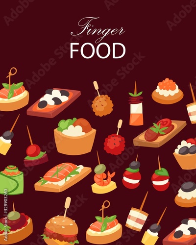 Finger food with shrimps, fish, olives and green vegetables appetizer, canapes, tapas on plate, cartoon background vector illustration. Buffet, restaurant canape finger food and snack poster.