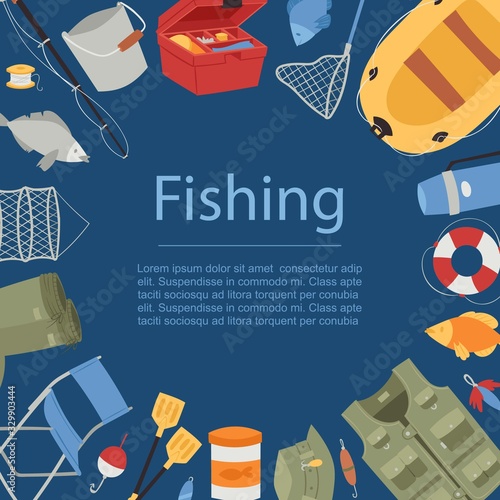 Professional fishing equipment background with fishing rod, hooks, bait, fish and boat, fisher tools vector cartoon illustration. Fishing sport adventure poster.
